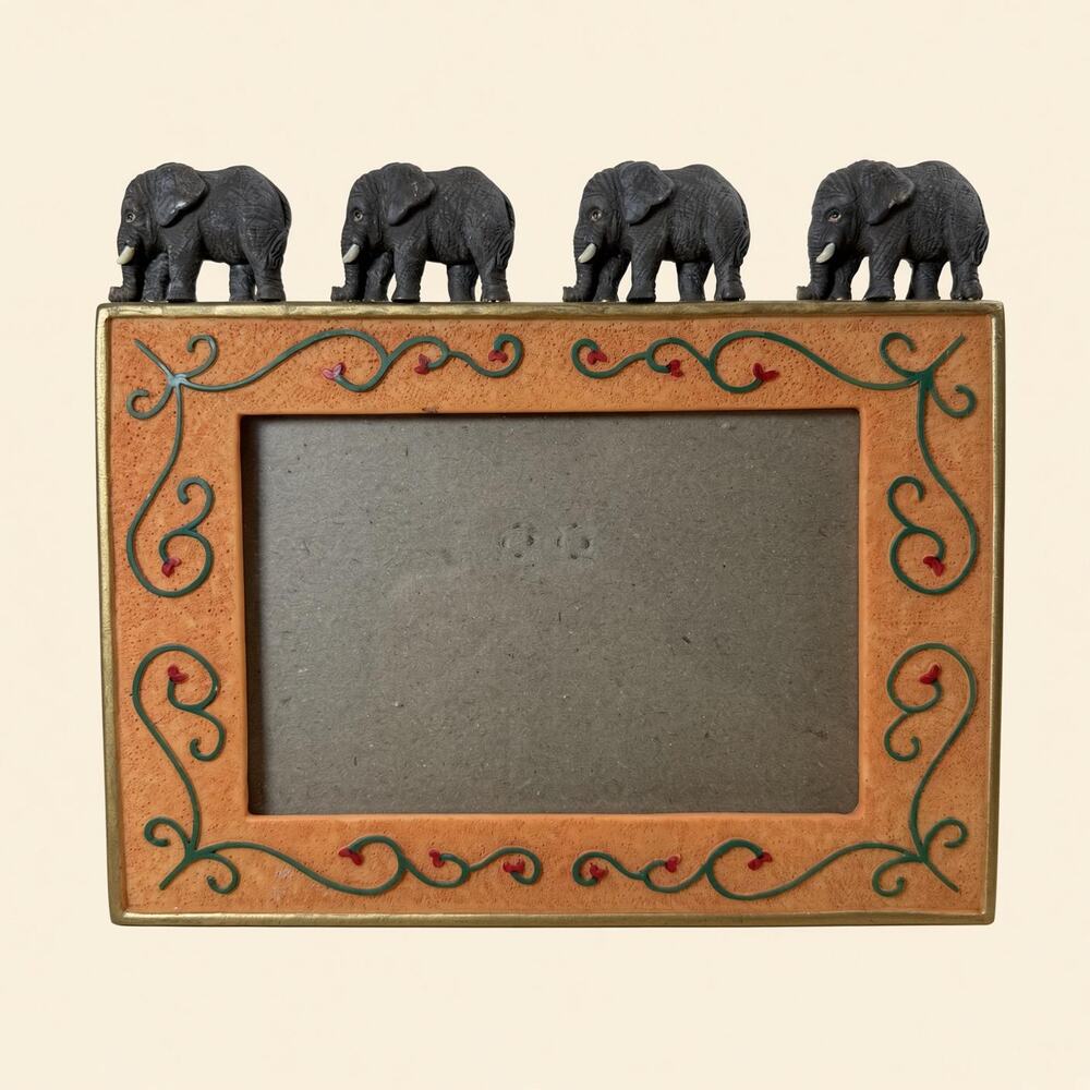 Elephant Photo Frame, Four Gray Elephants, Orange Vine Hearts, Gold Rim Frame